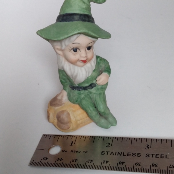 Vintage Ceramic Leprechaun Pixie Elf in Green Figurine Sitting on Barrel - Picture 6 of 9